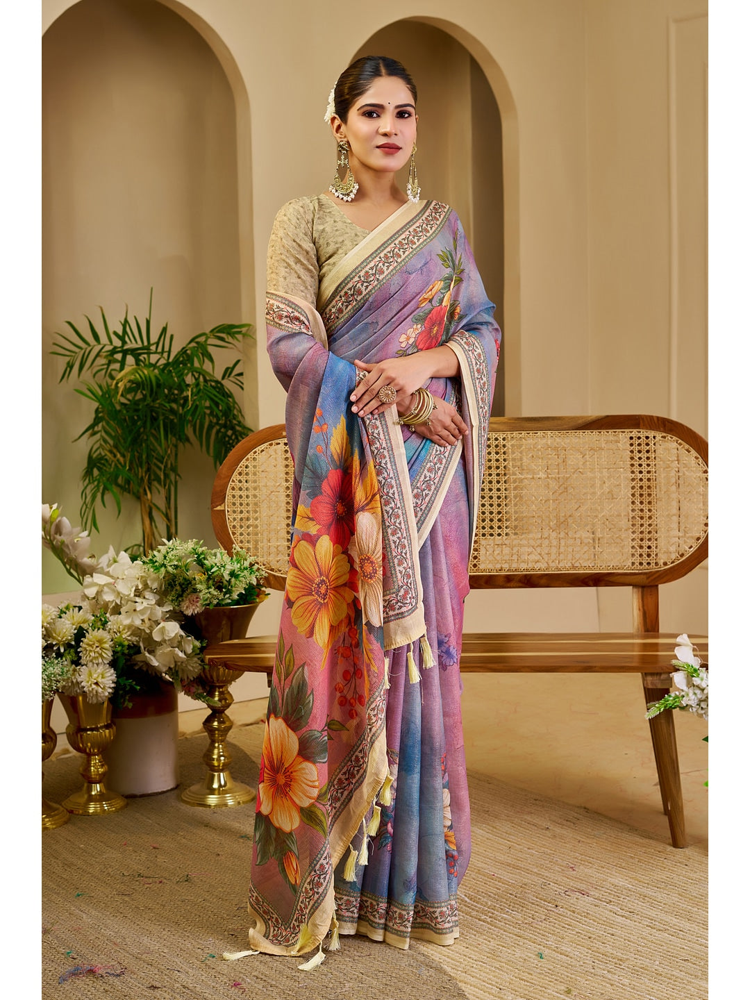 Peachmode Purple Pure Cotton Saree - Image 3