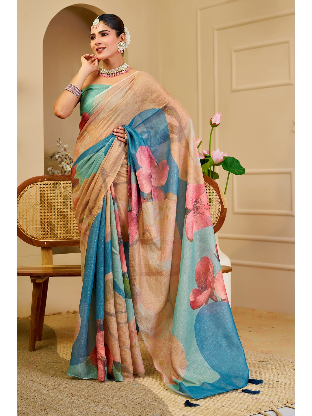 Peachmode Beige Pure Cotton Saree - Image 1