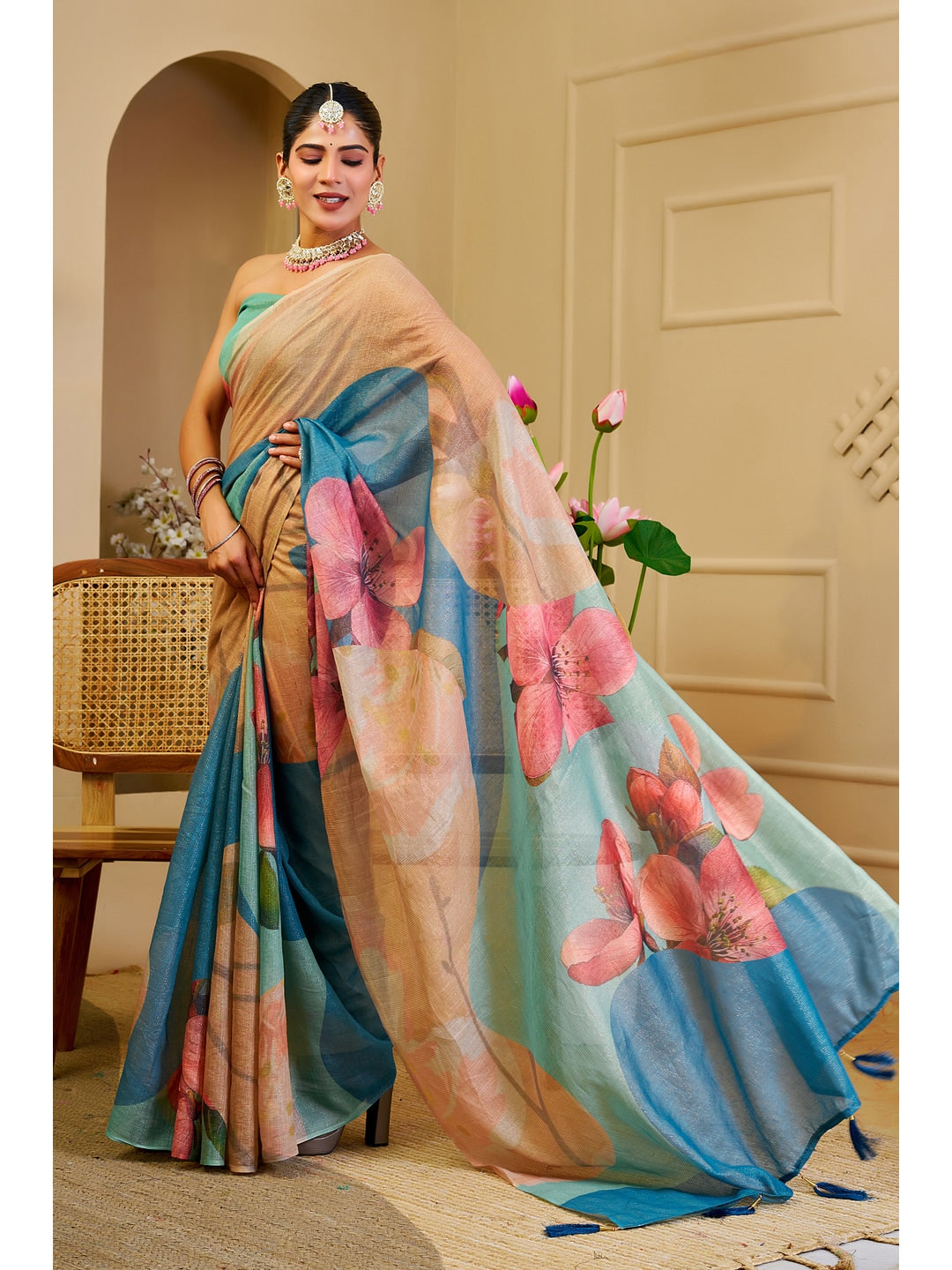 Peachmode Beige Pure Cotton Saree - Image 2