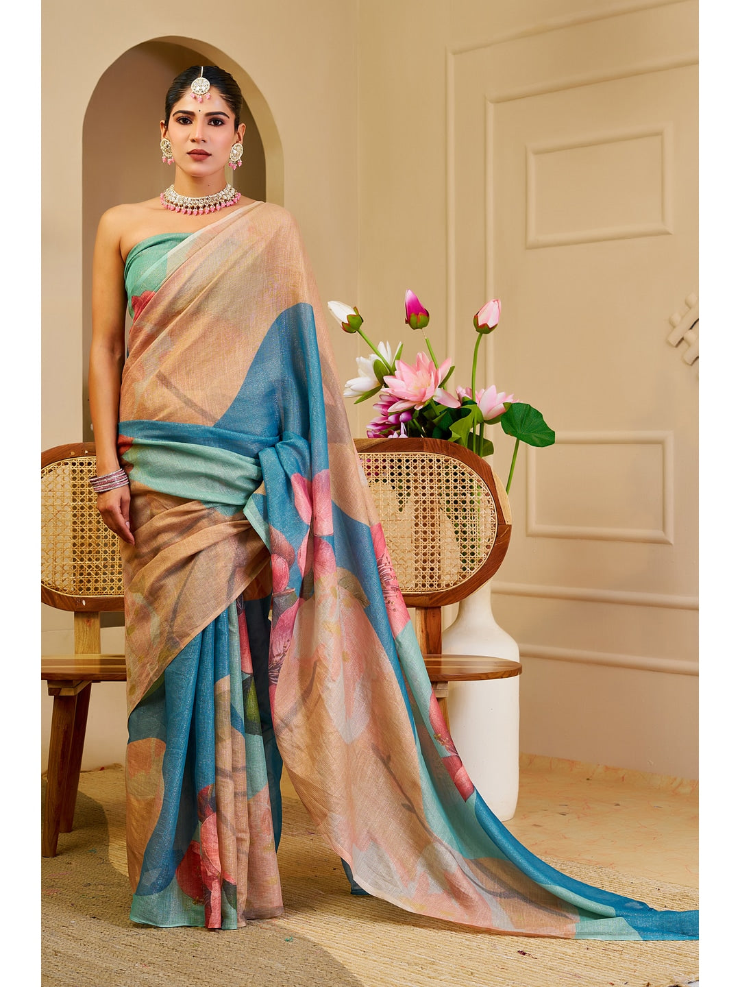 Peachmode Beige Pure Cotton Saree - Image 4