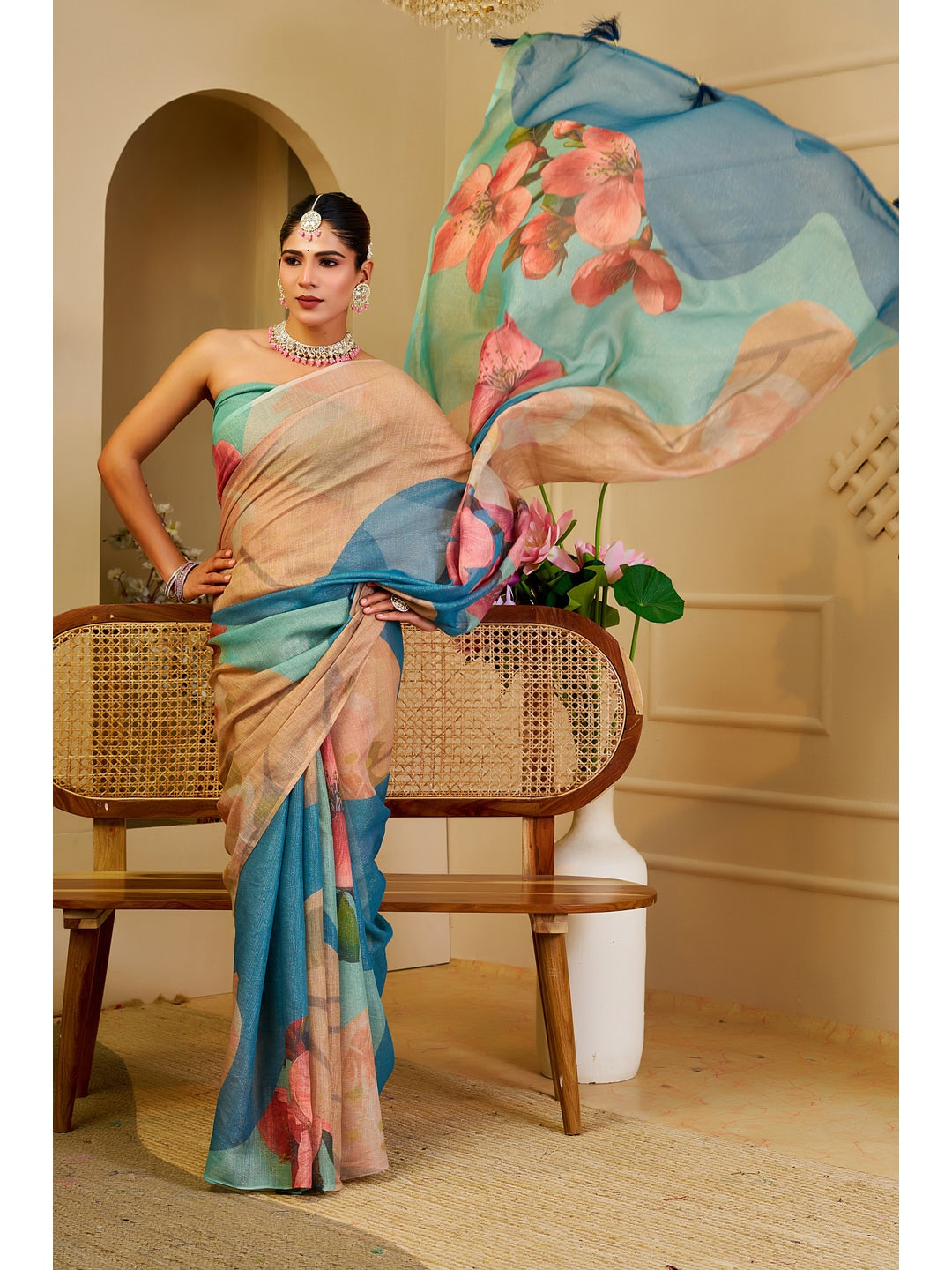 Peachmode Beige Pure Cotton Saree - Image 5