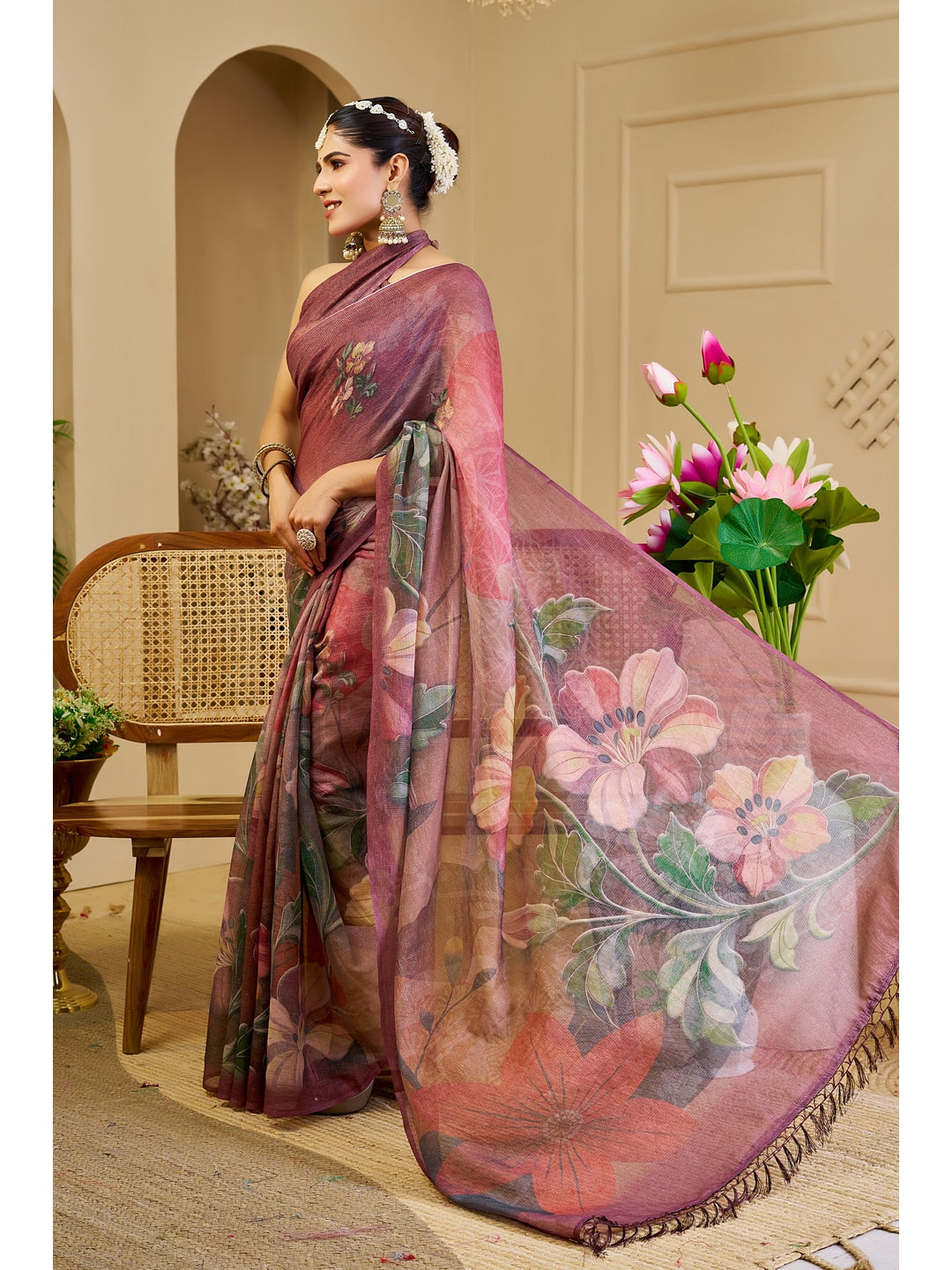 Peachmode Mauve Pure Cotton Saree - Image 3