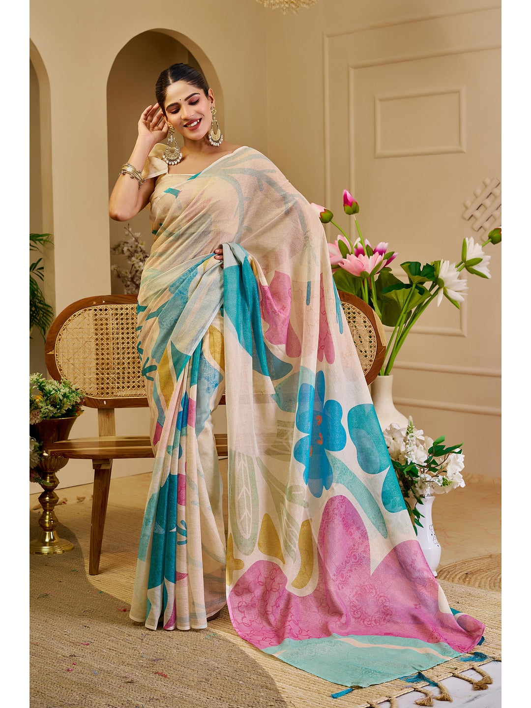 Peachmode Beige Pure Cotton Saree - Image 2