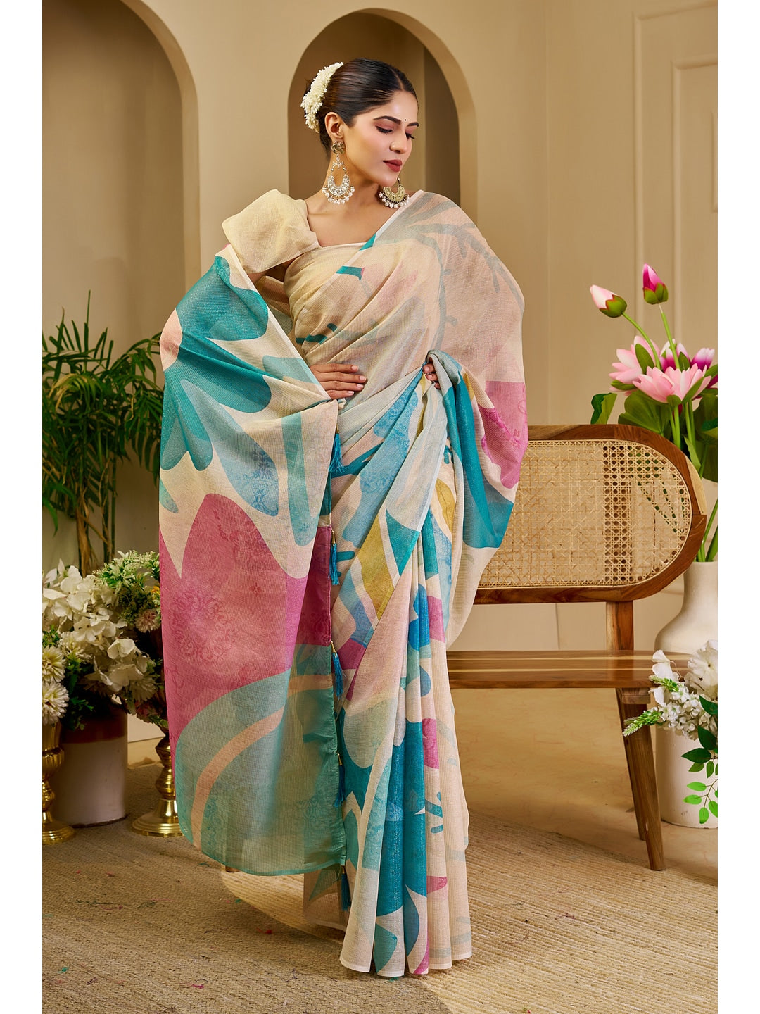 Peachmode Beige Pure Cotton Saree - Image 4