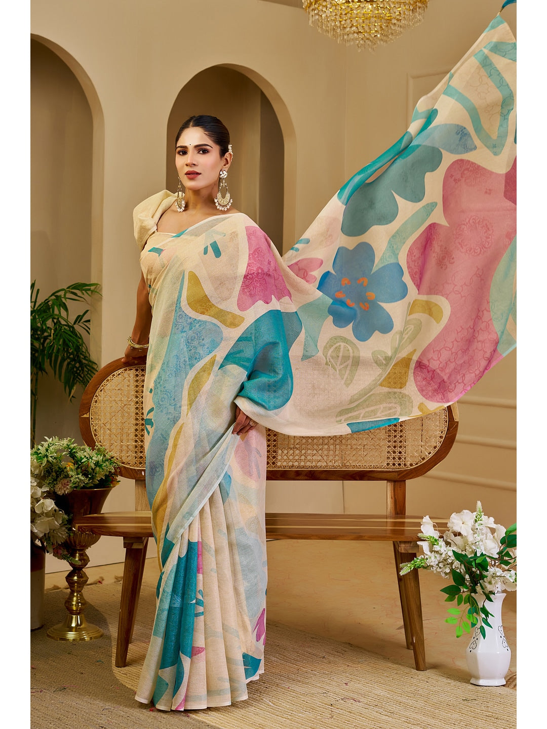 Peachmode Beige Pure Cotton Saree - Image 5