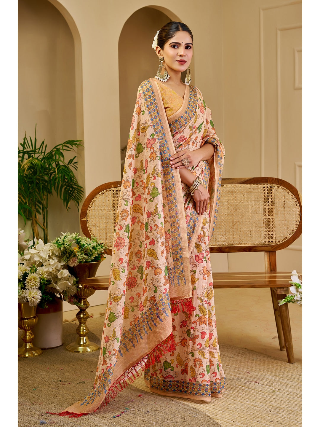 Peachmode Beige Pure Cotton Saree - Image 2