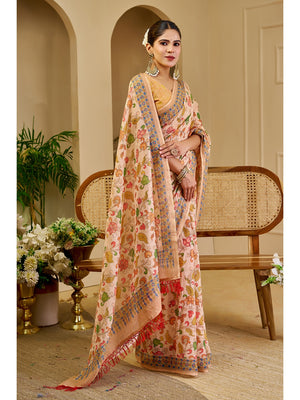Peachmode Beige Pure Cotton Saree - Image 2