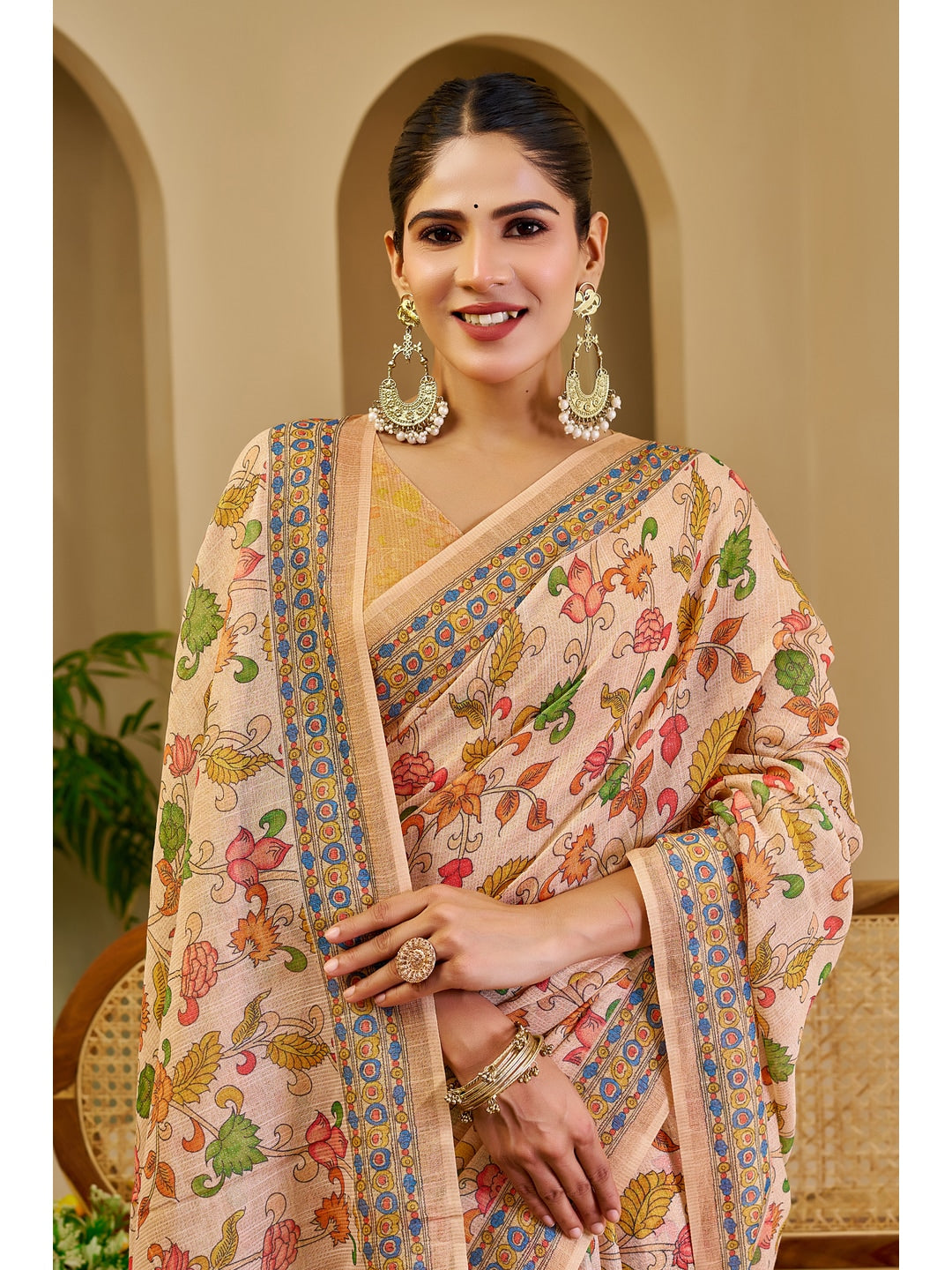 Peachmode Beige Pure Cotton Saree - Image 3