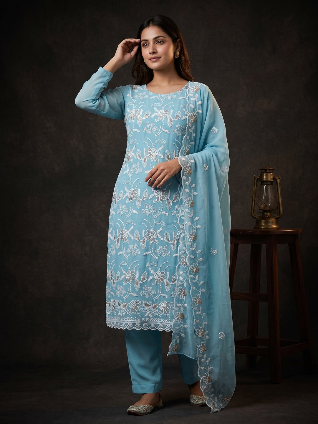 Sky Blue Georgette Dress Material Accented With Floral Thread Work - Image 1