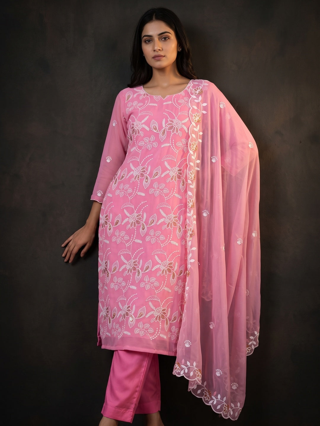 Pink Georgette Dress Material Accented With Floral Thread Work - Image 1