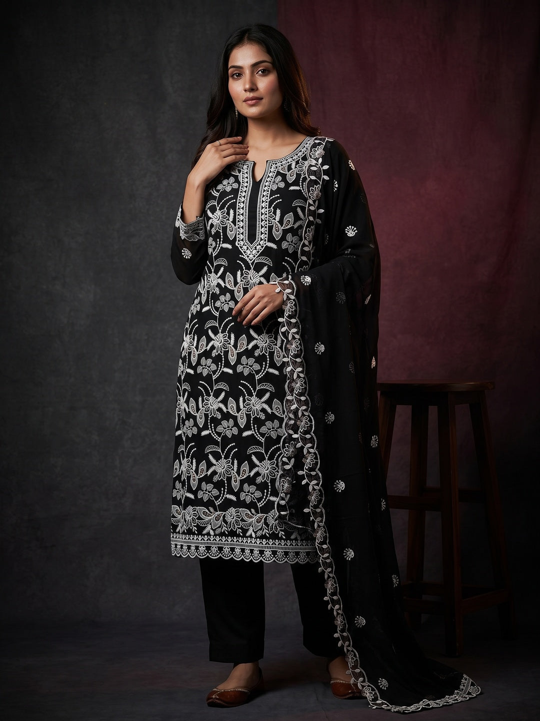 Black Georgette Dress Material Accented With Floral Thread Work - Image 1