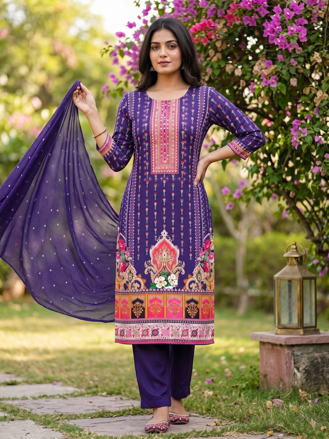 Purple Floral Printed Rayon Fabric Set with Decorative Mirror Work for a Festive Look - Image 1