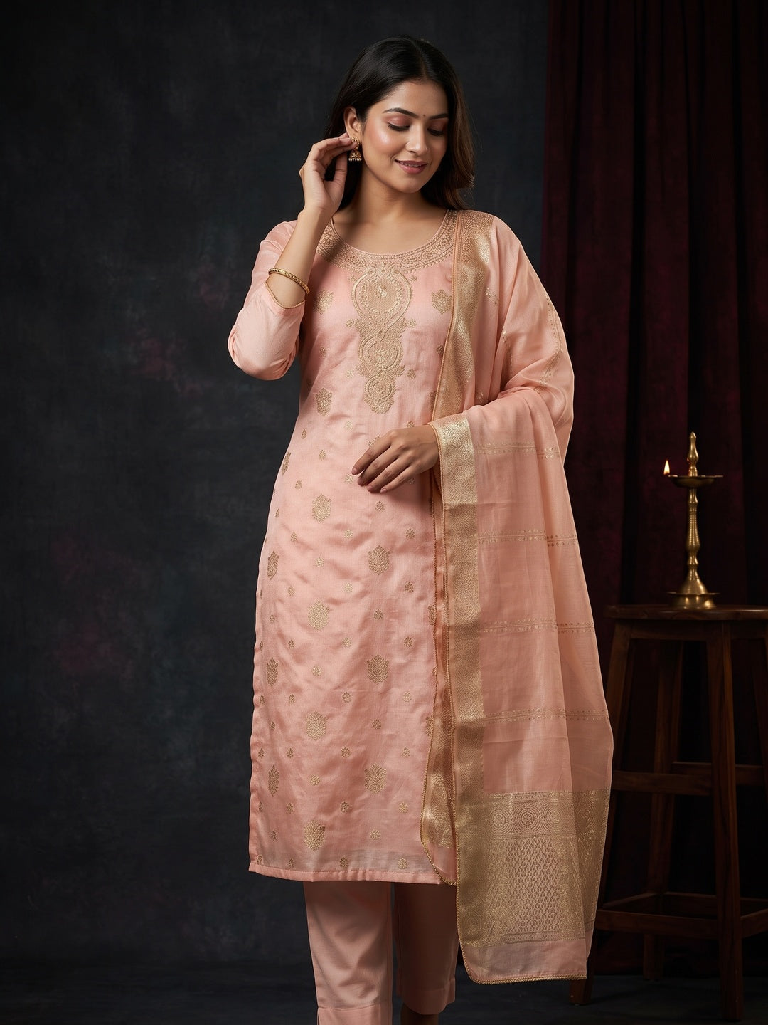 Refined Peach Viscose Jacquard Dress Material Featuring Floral Weaving Work - Image 1