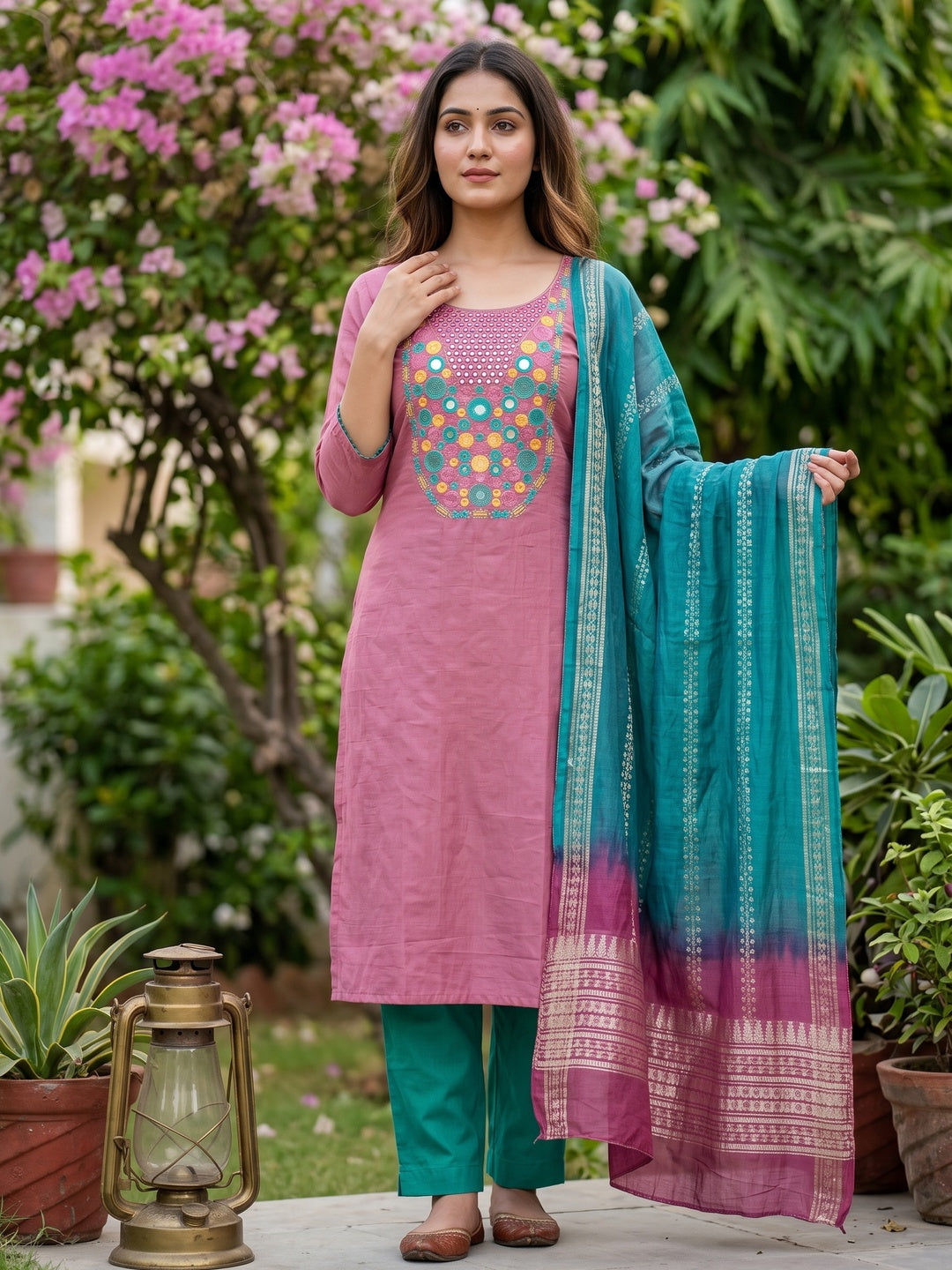 Charming Pink Thread Embroidered Cotton Blend Dress Material With Sequins & Gota Patti Accents - Image 1