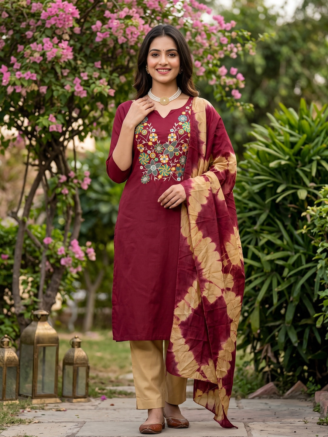 Elegant Maroon Floral Thread Embroidered Cotton Blend Dress Material With Gota Patti Work - Image 1