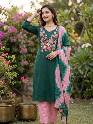 Elegant Green Floral Thread Embroidered Cotton Blend Dress Material With Gota Patti Work - Image 1