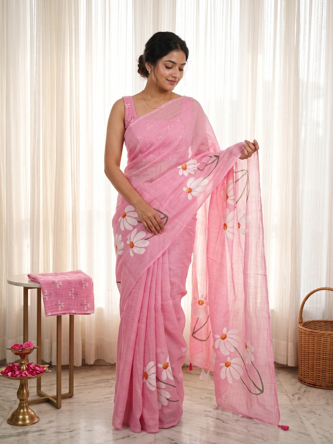 Graceful Baby Pink Linen Cotton Saree with Stylish Floral Prints for Effortless Elegance - Image 1
