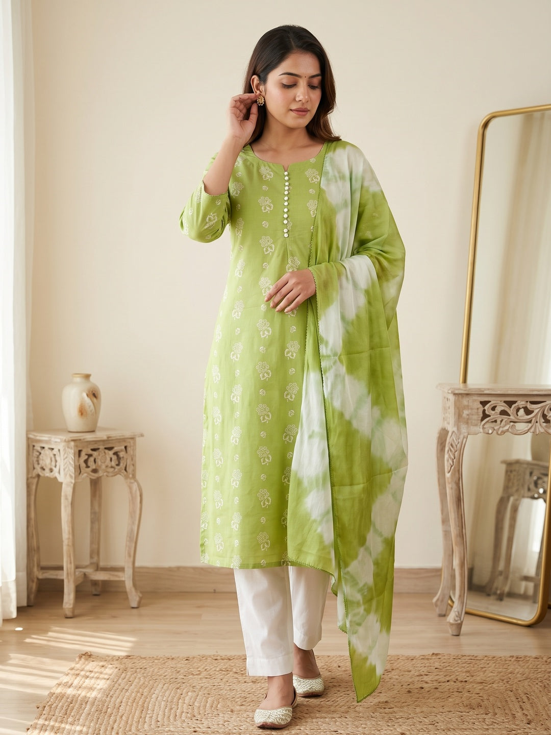 Exquisite Green Floral Printed Cotton Blend Dress Material - Image 1