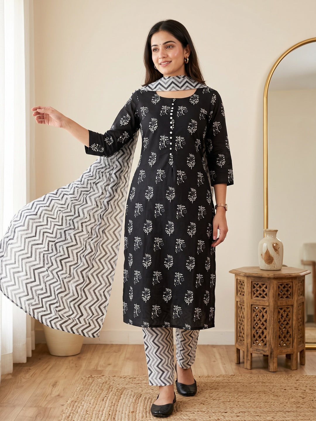 Black Floral Printed Cotton Blend Dress Material - Image 1