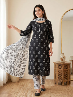 Black Floral Printed Cotton Blend Dress Material