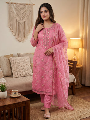 Pink Sequins Embroidered Organza Dress Material - Image 1