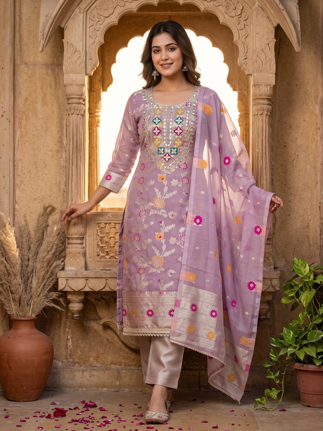 Elegant Lavender Green Floral Weave Banarasi Silk Dress Material With Sequins Embroidered Accents - Image 1