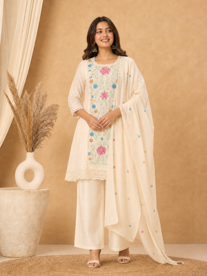 Peachmode Cream Chanderi Floral Embroidered Salwar Suit - Image 2