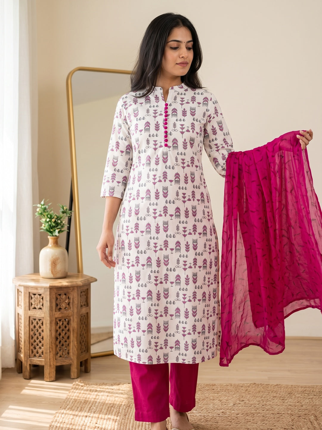 White & Rani Pink Floral Printed Cotton Blend Dress Material - Image 1