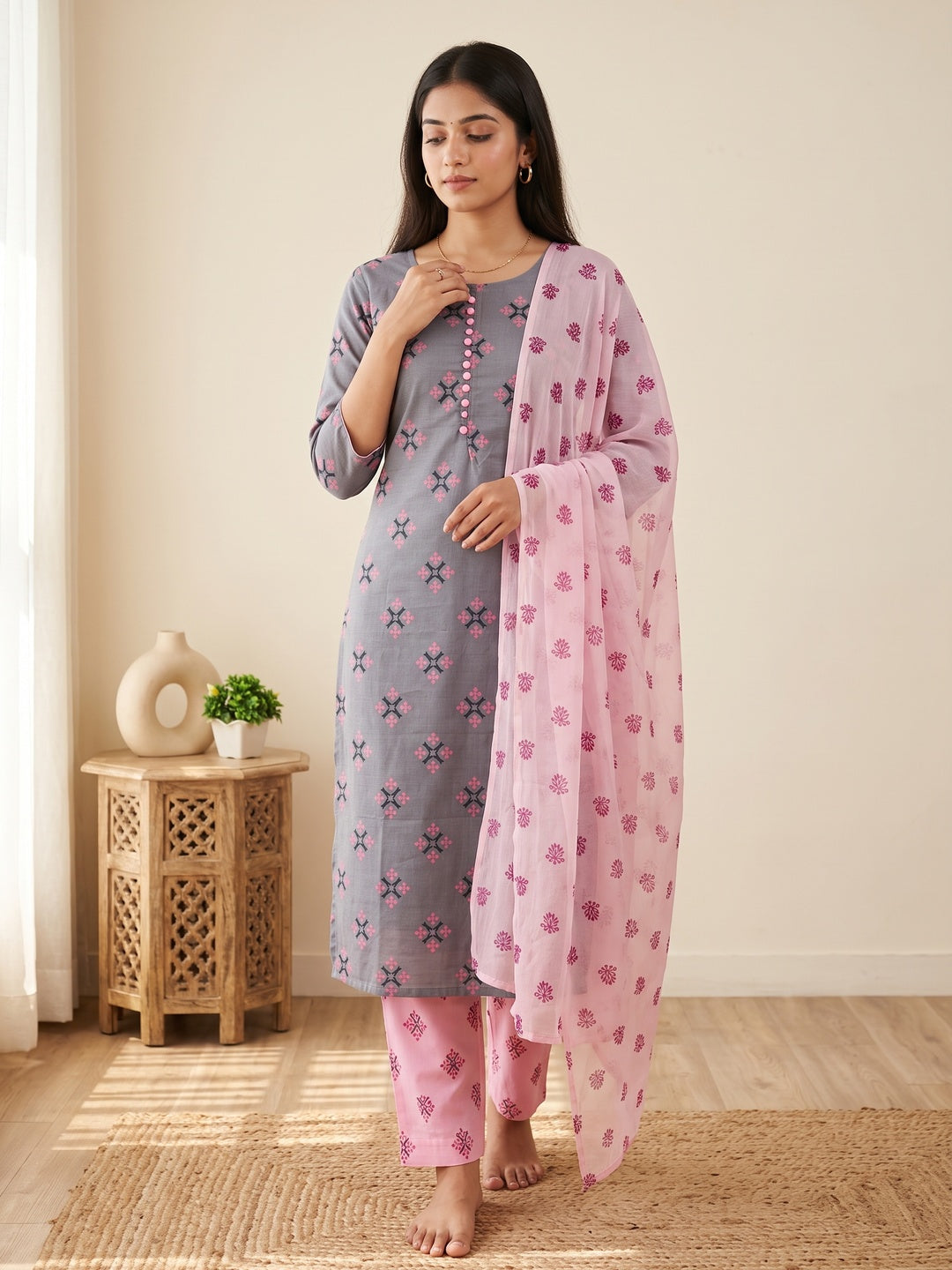 Grey & Pink Floral Printed Cotton Blend Dress Material - Image 1