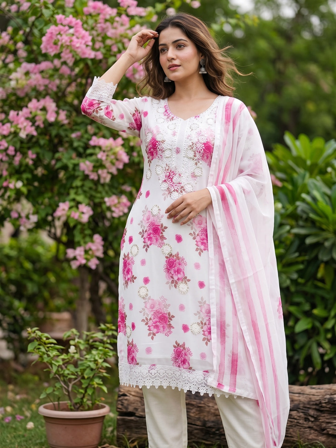 White & Pink Floral Sequins Embroidered Georgette Dress Material With Artistic Digital Prints - Image 1