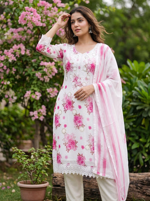 White & Pink Floral Sequins Embroidered Georgette Dress Material With Artistic Digital Prints - Image 1