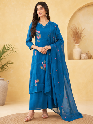 Peachmode Blue Chanderi Floral Embroidered Salwar Suit - Image 1