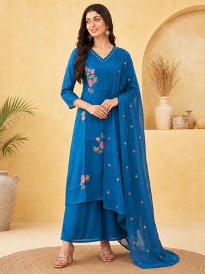 Peachmode Blue Chanderi Floral Embroidered Salwar Suit - Image 2