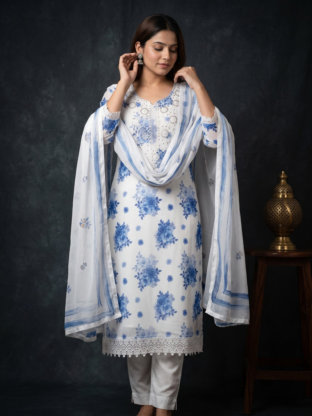 White & Blue Floral Sequins Embroidered Georgette Dress Material With Artistic Digital Prints - Image 1