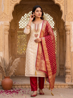Graceful Cream & Red Butti Weaving Shimmer Dress Material Adorned With Cording Embroidery Work - Image 1