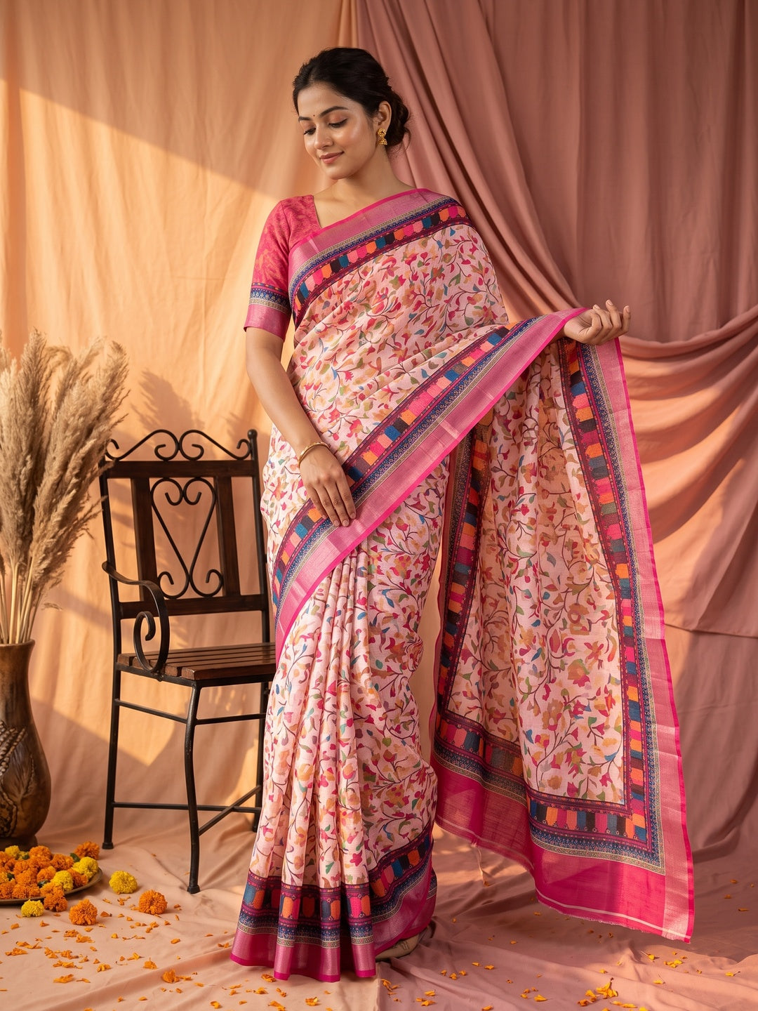 Soft & Comfortable Light Pink Linen Saree with Modern Printed Styling - Image 1