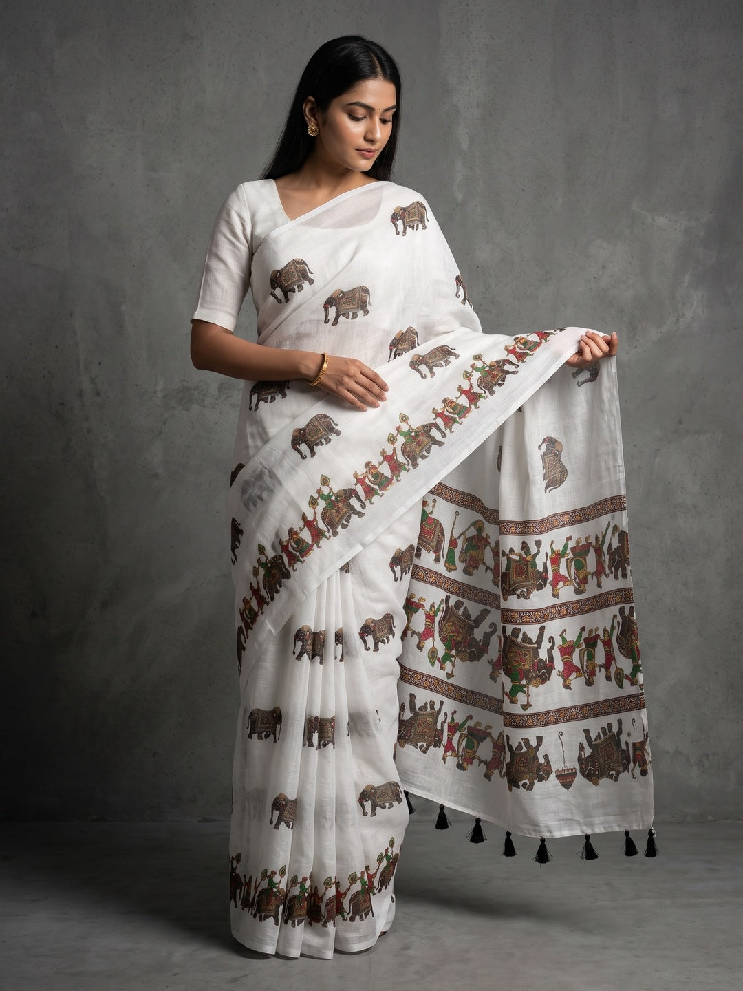 Soft & Comfortable White Linen Saree with Modern Printed Styling - Image 1