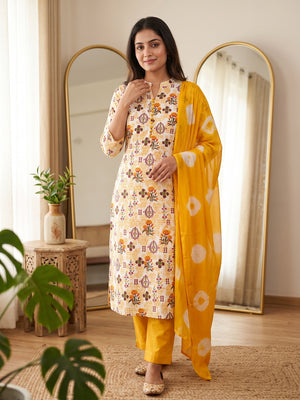 Lightweight Cream & Yellow Cotton Dress Material with Beautiful Floral Print Detailing - Image 1