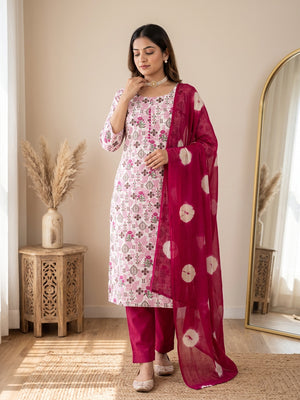 Lightweight Cream & Pink Cotton Dress Material with Beautiful Floral Print Detailing - Image 1