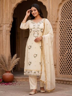 Cream Georgette Dress Material With Exquisite Floral Embroidery & Shimmering Stonework - Image 1