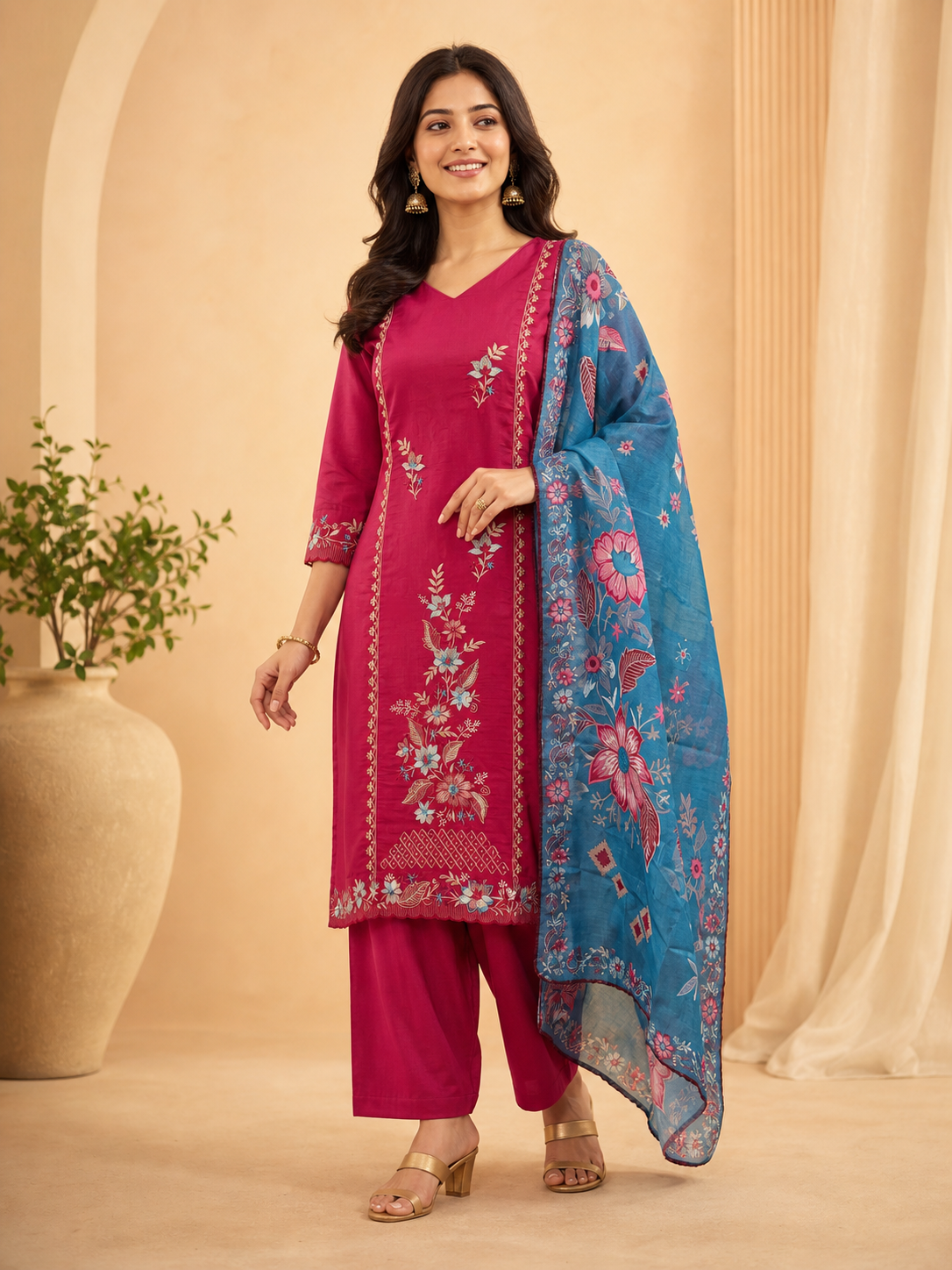 Peachmode Rani Pink Mul Chanderi Embroidered Salwar Suit - Image 1