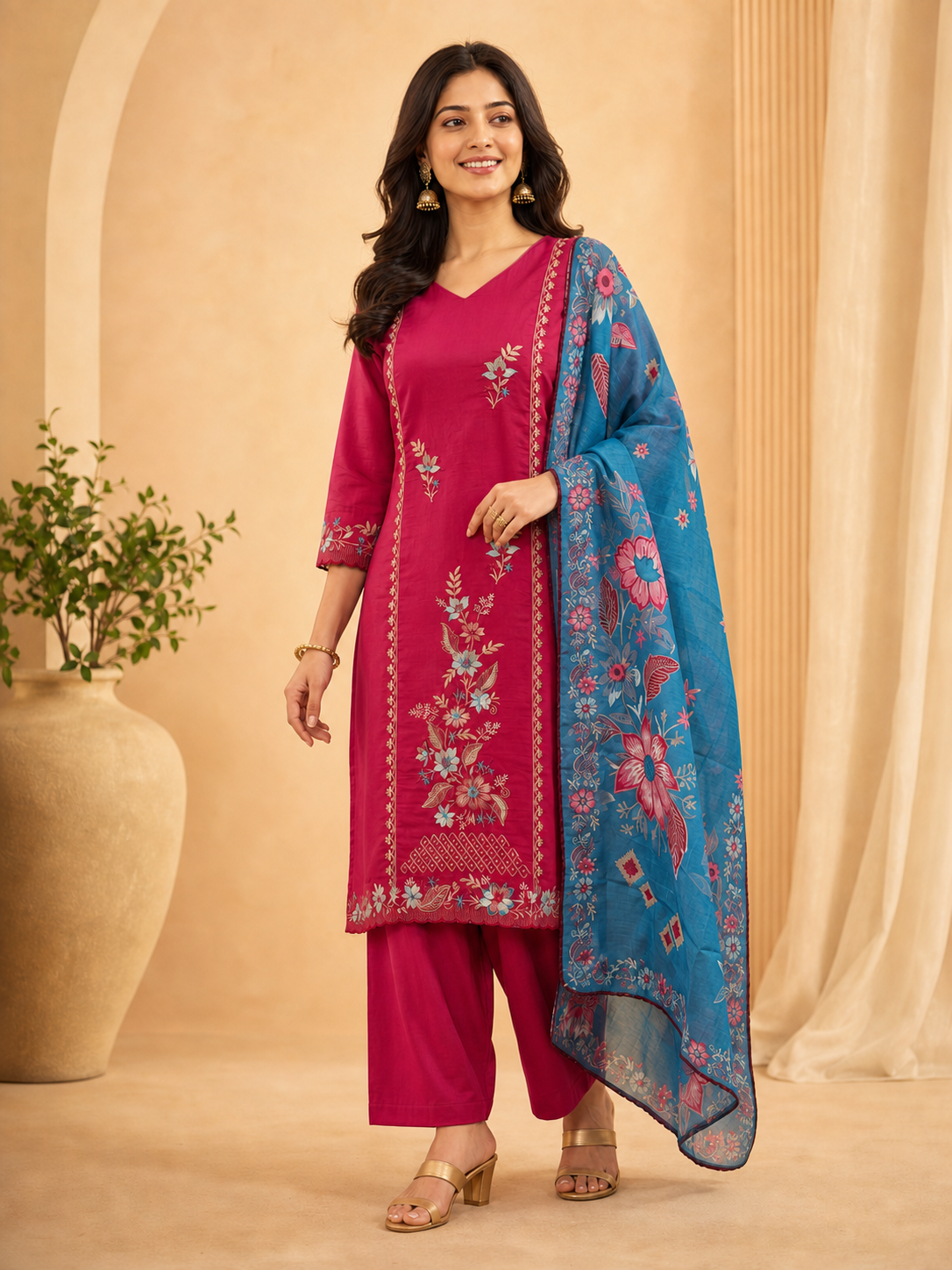 Peachmode Rani Pink Mul Chanderi Embroidered Salwar Suit - Image 4