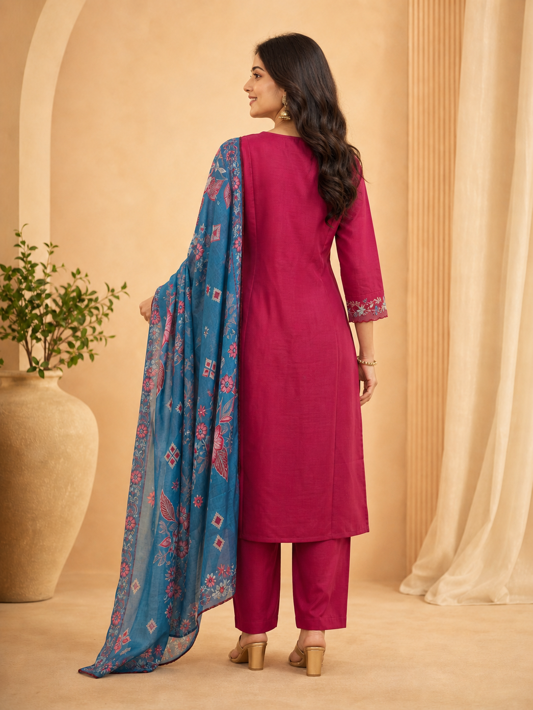 Peachmode Rani Pink Mul Chanderi Embroidered Salwar Suit - Image 5