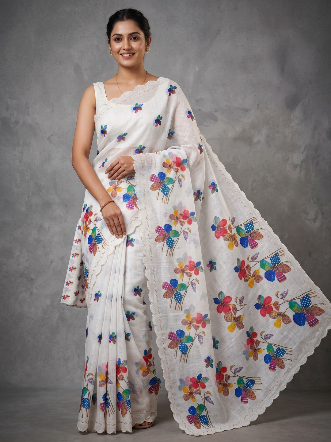 White Linen Saree Featuring Floral Digital Print With Zari Outline & Cutwork Border - Image 2