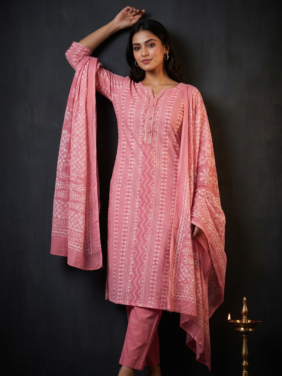 Pink Printed Pure Cotton Dress Material - Image 1