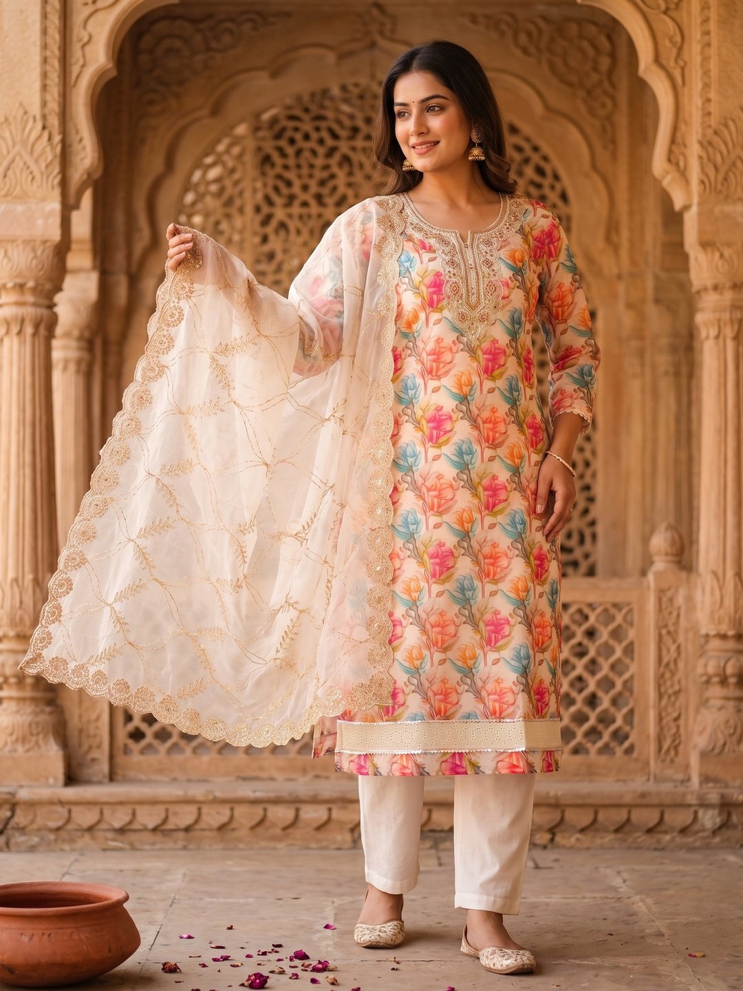 Offwhite Bloom Charm With Floral Print & Delicate Sequins & Moti Handwork Dress Material - Image 1