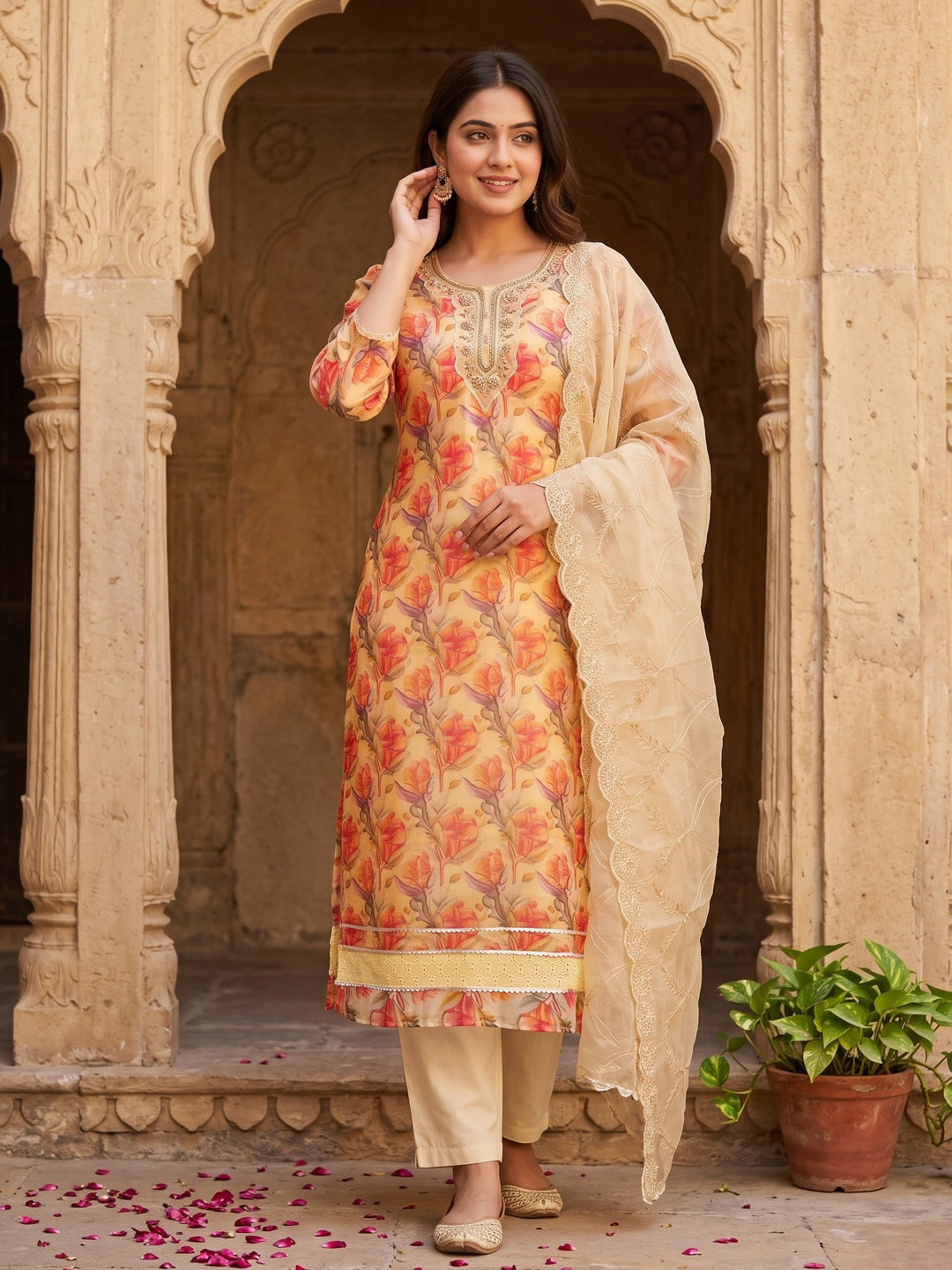 Chikoo Bloom Charm With Floral Print & Delicate Sequins & Moti Handwork Dress Material - Image 1