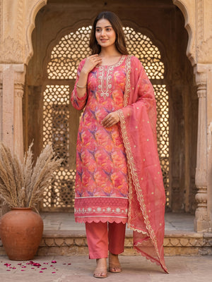 Gajri Pink Bloom Charm With Floral Print & Delicate Sequins & Moti Handwork Dress Material - Image 1
