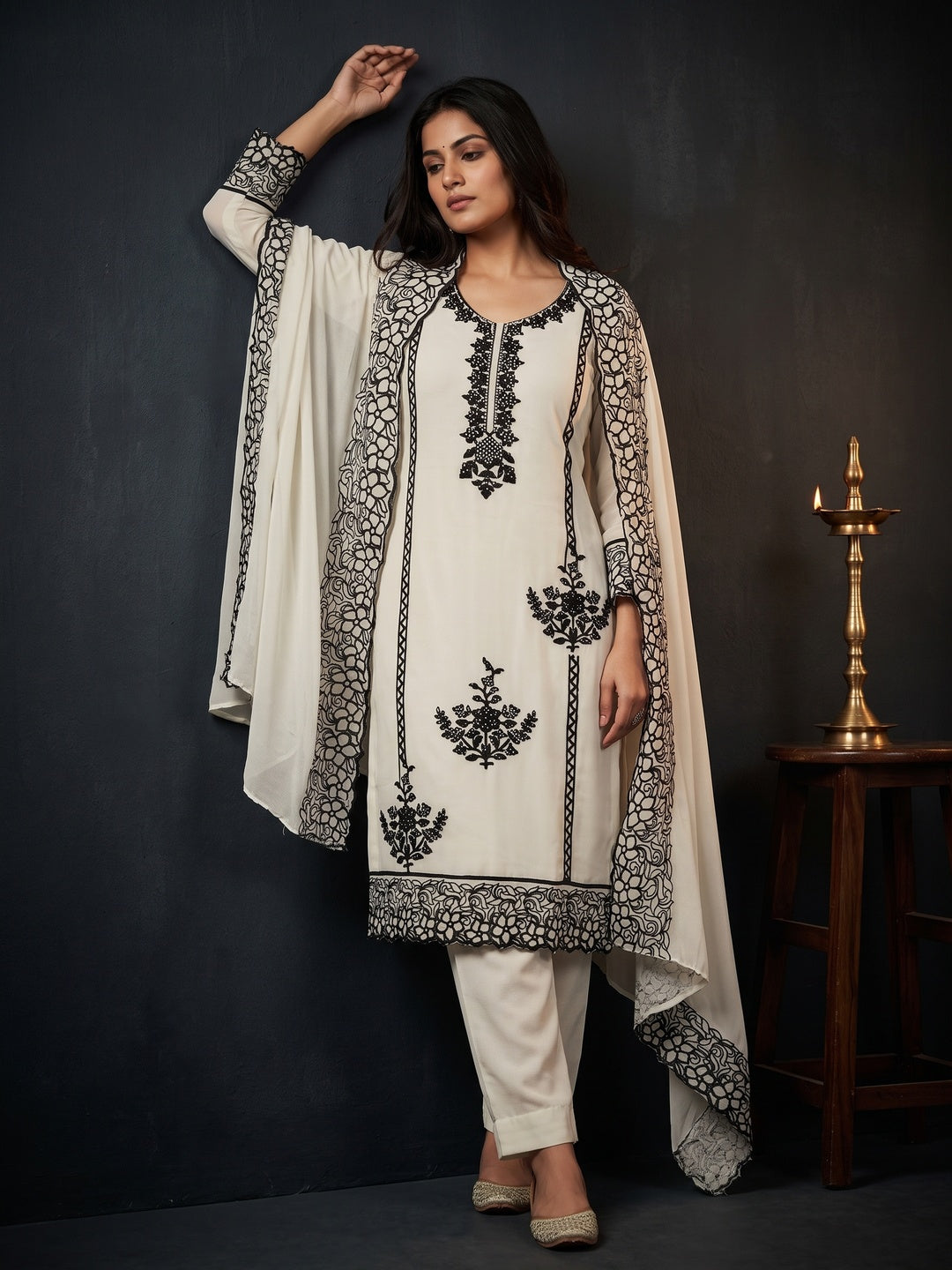 Off White Unstitched Georgette Dress Material Featuring Thread Detailing - Image 1