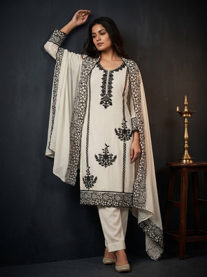 Off White Unstitched Georgette Dress Material Featuring Thread Detailing - Image 1